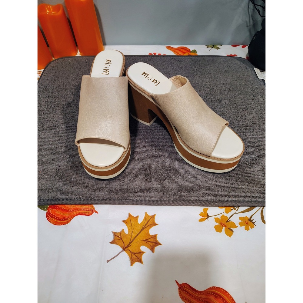 Miim Women Cream Platform Slide Sandals Chunky Block Heel Open Toe Mules